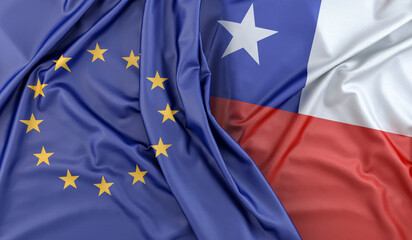 Ruffled Flags of European Union and Chile. 3D Rendering
