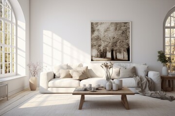 Scandinavian interior design with white living room and sofa, depicted in 3D.