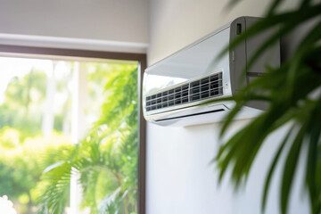 Air conditioner on wall in living room with green home plants, close up. Adjusting comfort temperature in home at hot summer, cooling air in the room