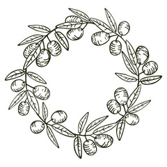 Wreath, round frame of olive branches with ripe fruit leaves. Vector hand drawn single color drawing isolated on white background.