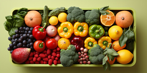 Top view Hands with a cart full of fresh delicious vegetables and fruits, copy space pastel background