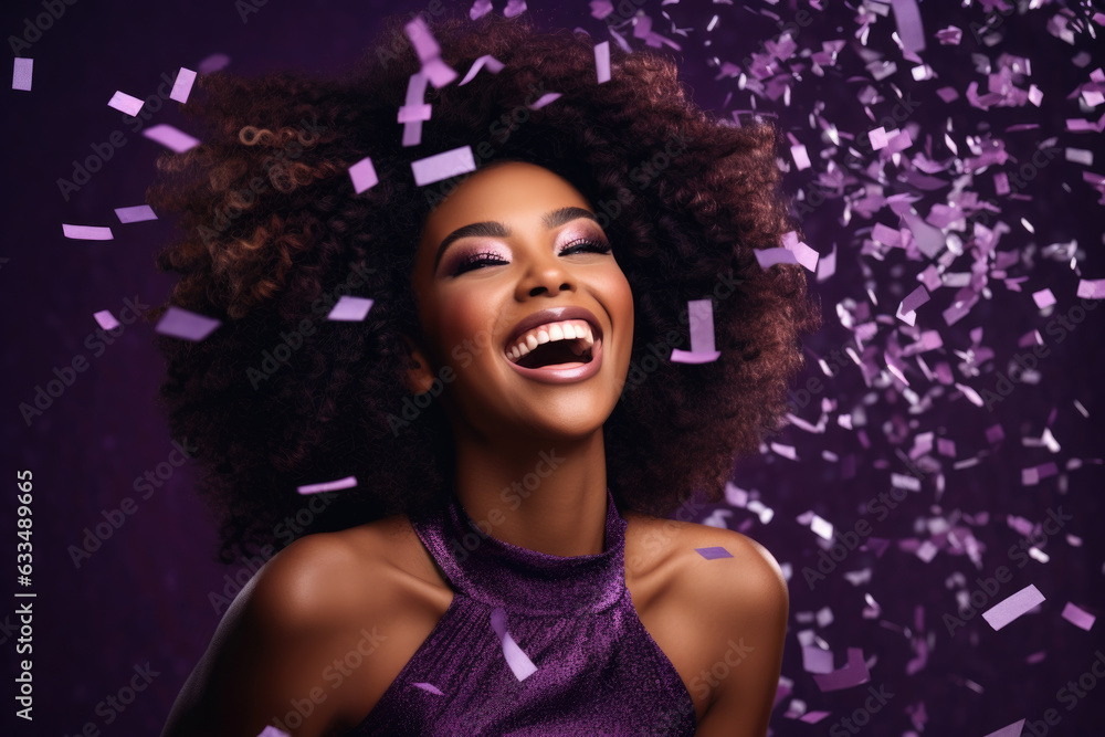 Wall mural beautiful african american young woman with curly hair having fun in the party with confetti generat