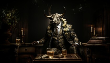 Bull man, boss businessman earns money on the stock exchange by trading shares, economic growth in sales income. Made in AI. - obrazy, fototapety, plakaty