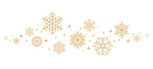 Christmas border. Snowflakes and stars banner. Gold vector illustration