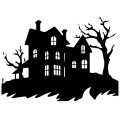 Illustration of silhouette a scary house. Mystical house with monsters and ghost for Halloween