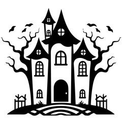 Illustration of silhouette a scary house. Mystical house with monsters and ghost for Halloween