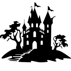 Illustration of silhouette a scary house. Mystical house with monsters and ghost for Halloween