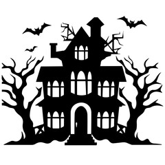 Illustration of silhouette a scary house. Mystical house with monsters and ghost for Halloween