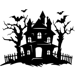 Illustration of silhouette a scary house. Mystical house with monsters and ghost for Halloween