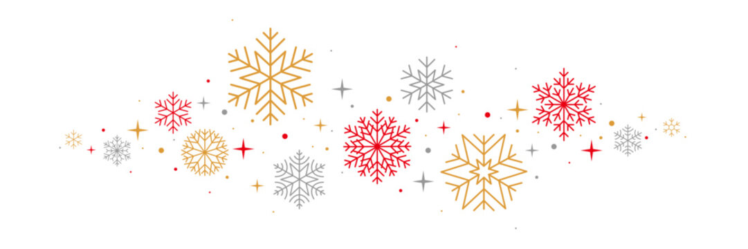 Christmas vector banner. Snowflakes and stars border. Gold, red and silver.