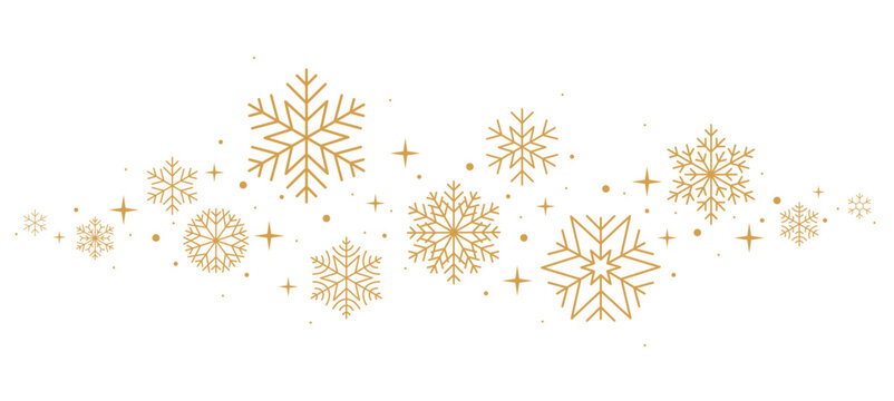 Christmas border. Snowflakes and stars banner. Gold vector illustration.