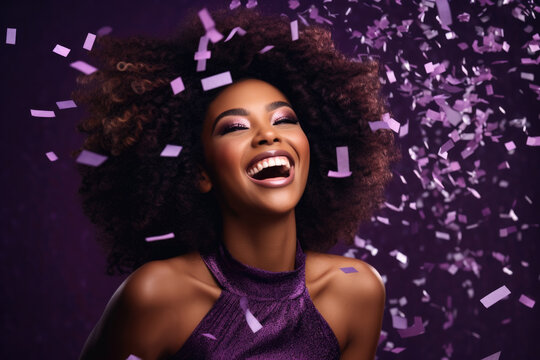 Beautiful african american young woman with curly hair having fun in the party with confetti Generative AI