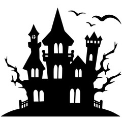 Illustration of silhouette a scary house. Mystical house with monsters and ghost for Halloween