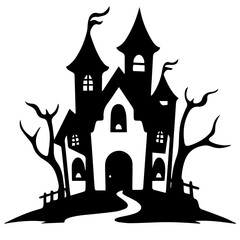 Illustration of silhouette a scary house. Mystical house with monsters and ghost for Halloween