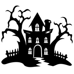 Illustration of silhouette a scary house. Mystical house with monsters and ghost for Halloween