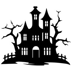 Illustration of silhouette a scary house. Mystical house with monsters and ghost for Halloween