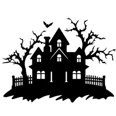 Illustration of silhouette a scary house. Mystical house with monsters and ghost for Halloween