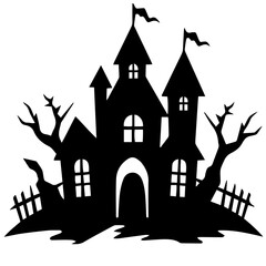 Illustration of silhouette a scary house. Mystical house with monsters and ghost for Halloween
