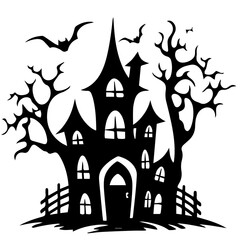 Illustration of silhouette a scary house. Mystical house with monsters and ghost for Halloween
