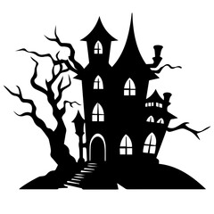 Illustration of silhouette a scary house. Mystical house with monsters and ghost for Halloween