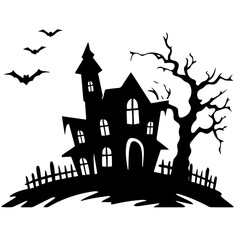 Illustration of silhouette a scary house. Mystical house with monsters and ghost for Halloween