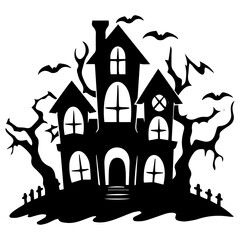 Illustration of silhouette a scary house. Mystical house with monsters and ghost for Halloween