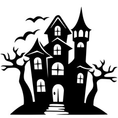 Fototapeta premium Illustration of silhouette a scary house. Mystical house with monsters and ghost for Halloween