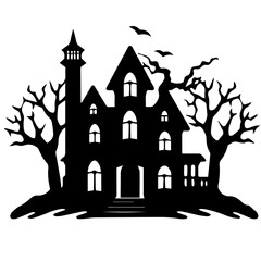 Illustration of silhouette a scary house. Mystical house with monsters and ghost for Halloween