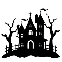 Illustration of silhouette a scary house. Mystical house with monsters and ghost for Halloween