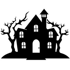 Illustration of silhouette a scary house. Mystical house with monsters and ghost for Halloween