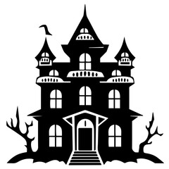 Illustration of silhouette a scary house. Mystical house with monsters and ghost for Halloween