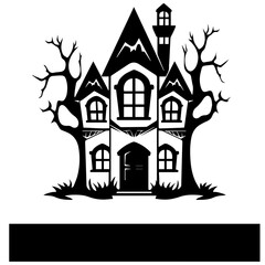 Illustration of silhouette a scary house. Mystical house with monsters and ghost for Halloween