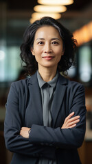 Chinese business woman 40-50 years old closeup in the office, generative ai