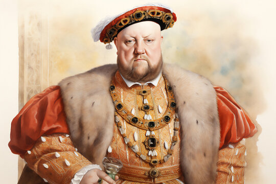 Henry VIII watercolour portrait Tudor king of England UK in the 16th century, who abolished the Catholic monasteries during the Reformation, computer Generative AI stock illustration image