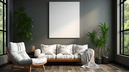 Photo of a cozy living room with empty canvas on wall, stylish furniture and natural light generative art