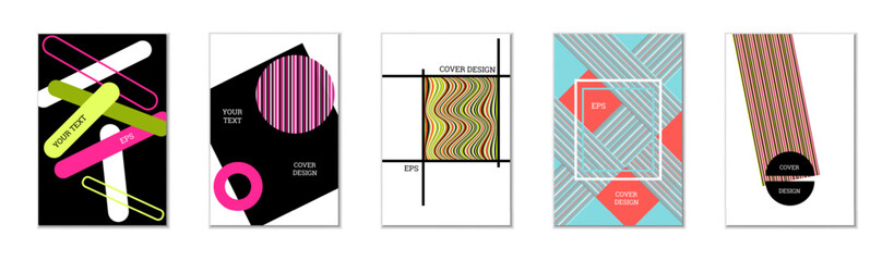 Fototapeta premium Geometric cover design, set of 5 covers. Abstract unusual background in Memphis style. Bright geometric shapes in random order