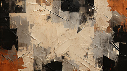 Rugged collage of torn paper textures in black and earth tones, embodying raw urban edge for impactful visuals.