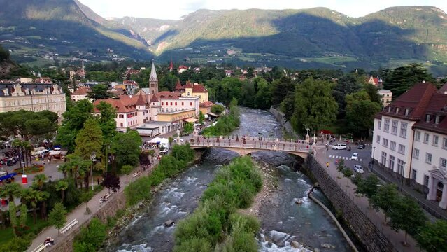 Italy, South Tyrol, Bolzano province beautiful Merano town - popular town and spa resort aerial drone 4k hd video