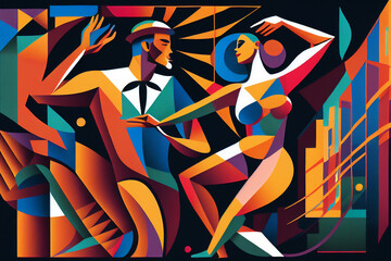 Latin American Hispanic male and female couple dancing the ballroom Tango dance shown in an abstract cubist style painting for a poster or flyer, computer Generative AI stock illustration image