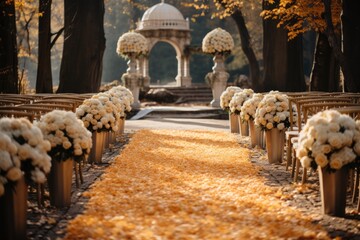 Outdoor wedding ceremony in the autumn garden decoration