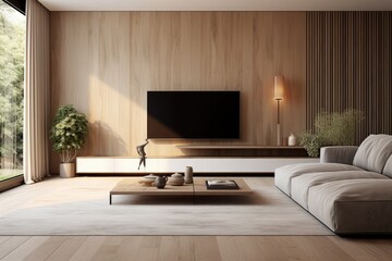 Modern living room with wooden wall background, featuring a TV cabinet and decorative elements, rendered in 3D.