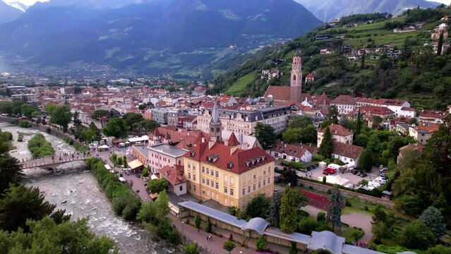 beautiful Merano town - popular town and spa resort in Italy in South Tyrol, Bolzano province
aerial drone high angle overflight