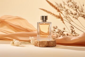 Mock up of  minimal elegant perfume bottle. Stylish parfumerie banner. AI generative