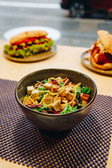 healthy and varied food on a restaurant table.