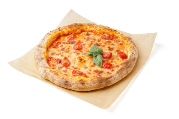 Baking paper with tasty pizza Margarita and basil on white background