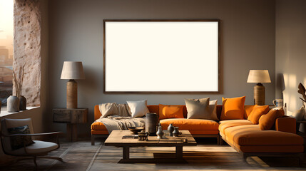 Cozy living room, empty white canvas on wall for mock-up with stylish furniture, created with Generative AI technology
