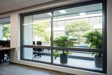 An aluminum window with sliding mechanism that is installed in an office for allowing natural light and ventilation. It is made of glass and is used for separation and access purposes. The office also