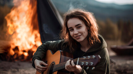 Young hippie teen girl tourist plays guitar music and sings song around campfire and a tent in a camping.