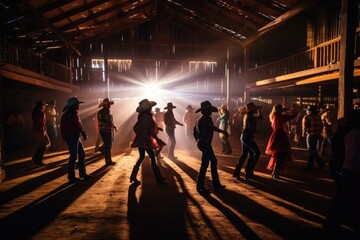 People dancing in a barn with cowboy hats .Generative AI - obrazy, fototapety, plakaty