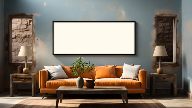 Cozy living room, empty white canvas on wall for mock-up with stylish furniture, created with Generative AI technology